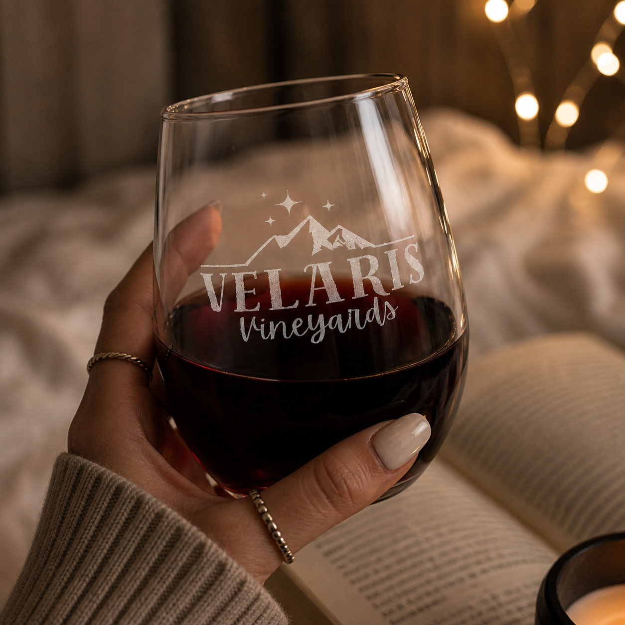 hand holding engraved velaris vineyards stemless wine glass with red wine, cozy bookish setting with twinkle lights, ACOTAR inspired fantasy aesthetic
